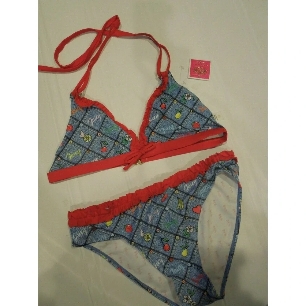 Juicy Couture Girls Printed Bikini Set Swimsuit PATCHWORK‎ DENIM Size 14 NWT